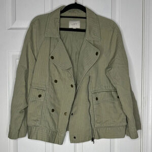 LOFT Olive Green Moto-Style Jacket Roll Tab‎ Sleeves Zip Up Linen Blend Size M